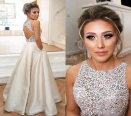 Beaded Prom Dresses With Pockets Satin Sleeveless Floor Length Crystals Custom Made Ruched Pleats Evening Gown Formal Ocn Wear Vestidos Plus Size 403 403