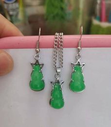 Cute little gourd green Malay jade 925 silver pendant necklace earrings set 2 piece Jewellery set