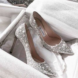 Dress Shoes Dress Shoes Fashion Spring Autumn Woman 9CM/7CM High Heels Silver Wedding Shoes Stiletto Pointed Toe Slip-on PU Bling Luxury Ladies 230323 Z230703