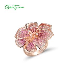 With Side Stones SANTUZZA 925 Sterling Silver Rings For Women Lab Created Ruby/Pink Sapphire Gradient Flower Blossom Wedding Fine Jewellery 230701