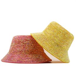 luxury Diamond Bucket Hat Women Reversible Pu And Cotton Soild Sun Hat Fashion Bob Panama Autumn Girl Party Bling Fisherman Hat