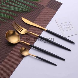 Dinnerware Sets Black Gold Cutlery Set Christmas Dinnerware Teaspoons Forks Spoons Knives 1810 Stainless Steel Silverware Tableware Dinner Sets x0703