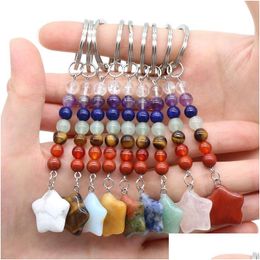 Keychains Lanyards Star Shape Stone Key Rings 7 Colours Chakra Beads Chains Charms Healing Crystal Keyrings For Women Men Drop Deli Dhu4I