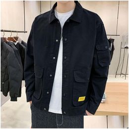 Men'S Jackets Mens Large Size Men Basic Soft Letter Pockets Autumn Wind Breaker Turn-Down Collar Teenagers S-4Xl Cargo Outwear Hombr Dh0Yw