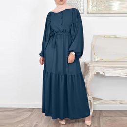 Casual Dresses Elegant Muslim Modest Dress For Women Ramadan Femme Solid Colour Dubai Abaya Eid Islamic Long Sleeve Turkey Clothes 2023