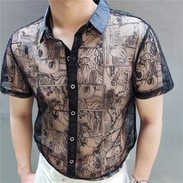 Men s Tracksuits Black Lace Sexy Shirt Embroidery See Through Men High Quality Social Club Luxe Transparent Summer Short Sleeve 230703