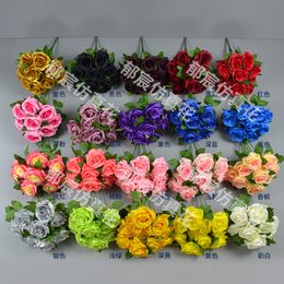 High Quality Silk Wedding Decoration Roses Bush 10 Rose Heads Artificial Flowers Rose Bunch for Bridal Bouquet