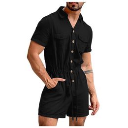 Männer Shorts Sommer Kurzarm Solide Lose Overalls Casual Männer Strampler Mode Baumwolle Leinen Overall Mit Taschen Plus Größe 230703