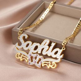 Pendant Necklaces Dascusto Personalized Nameplate Name Necklace Custom 3D 18KGold Plated Double Diamond Choker Two Tone Chain For Women 230703