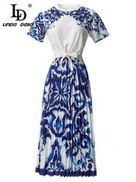 Two Piece Dress LD LINDA DELLA Summer Fashion Women Party Long Skirt Suit Loose TShirtsBlue And White Porcelain Print Pleated 230630