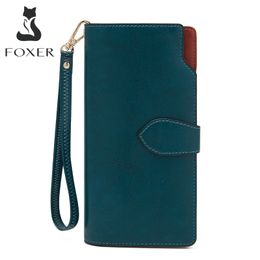FOXER Women Large Capacity PU Leather Long Bifold Wallet Ladies Cellphone Money Bag Simple Clutch Money With Wristlet Card Holde
