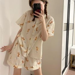 Women's Sleepwear Cotton Pyjama Set Cute Kawaii Bear Summer Short Sleeve Shorts Homewear 2 Piece Turn Down Collar Crepe Gauze Loungewear