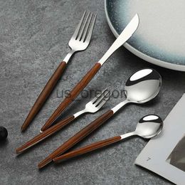 Dinnerware Sets Wood Handle Spoon Fork Stainless Steel Dessert Snack Forks Tea Spoons Steak Knife Lunch Tableware Dinnerware Kitchen Accessories x0703