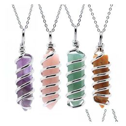 Pendant Necklaces Fashion Wire Wrap Hexagon Prism Natural Stone Carving Reiki Healing Gem Necklace For Women Jewellery Wholesale Drop Dhf3F