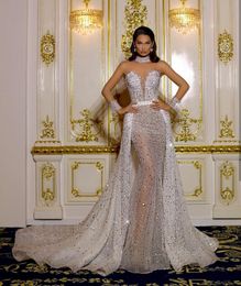 Mermaid Stylish Prom Dresses Long Sleeves V Neck Halter Appliques Sequins Beaded Floor Length Lace Detachable Train Evening Dress Bridal Gowns Plus Size Custom