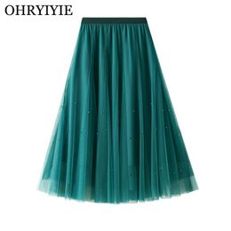 Dresses Ohryiyie Green Pearl Beading Tulle Skirt Women 2022 New Fashion Midi Long Mesh Skirt Female High Waist Tutu Skirts Jupe Longue