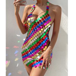 Navel Bell Button Rings IngeSight.Z Women Acrylic Rainbow Disc Sequins Body Chain Dress Sexy Hollow Out Sequins Nightclub Party Halloween Bra Skirt 230703