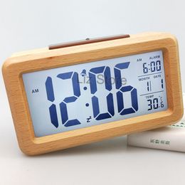 Despertadores digitais de madeira LCD Relógios inteligentes de temperatura Luz noturna de madeira Relógio de data com soneca Bambu Calendário de cabeceira TH0865