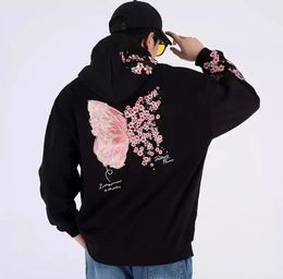 Men's Hoodies Sweatshirts Man 100 Cotton Butterfly Embroidery Harajuku Solid Pocket Hooded Autumn Long Sleeve Loose Chinese Outwear 230703