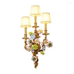 Wall Lamp DINGFAN European Style Luxury All Copper Floral Lampshade Living Dining Bedroom El Aisle Decorative Light