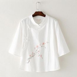 T-Shirts Chinese Style Women Loose Cotton Linen Tshirt Summer Stand Collar Retro Embroidered Plus Size Top Female Casual Tee