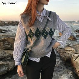 Women's Sweaters Sweater Vests Women Argyle 4-colors Korean-style Casual Fashion Loose All-match Sleeveless Tops Knitting Students Daily