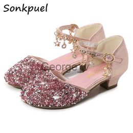 Sandals 2022 Girls Glitter Sandals Children High Heels Shoes Kids Performance Crystal Sandals Baby girl Catwalk Princess Children Shoes J230703