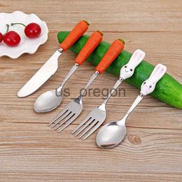 Dinnerware Sets Cute Rabbit Handle Cartoon Stainless Steel Tableware Child Fork Spoon Carrot Knife x0703