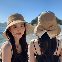 Summer Beach Sunscreen Bucket Hats for Women Breathable Elegant Sun Hats Bowtie Knot Seaside Holiday Hollow Straw Hat Panama Hat