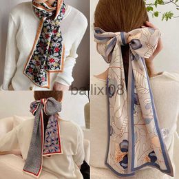 Scarves Elegant Floral Silk Scarf Long Skinny Hairbands Foulard Neckerchief 2022 Spring New Women Decoration Hair Band Scarves Ties J230703