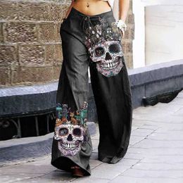 Capris High Waist Wide Leg 2021 Summer Fashion Women's Badge Skull Rose Print Pants Ultra Thin Hippie Bohemian Trousers Streetwear#f3 HDK230703