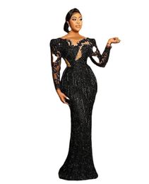 Sexy Sequins Arabic Dubai Prom Dresses Black Sequined Lace Bling Crystal Beads Long Sleeves Mermaid Plus Size Party Evening Gowns Cutaway Sides Floor Length