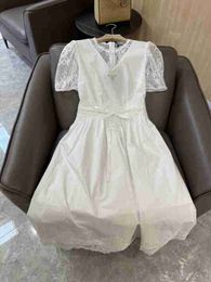 Basic & Casual Dresses designer Elegant French Style Lace Up Waist Slim Letter Embroidered Edge Panel Bubble Sleeve A-line Dress NSIF