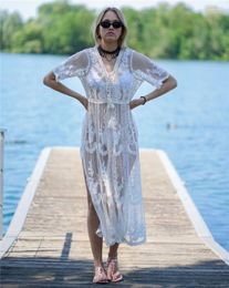 Women's Swimwear Transparent White Lace Tunic Beach Cover Up Women Beachwear Sexy See Through Bikini Cover-Ups Robe De Plage