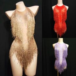 Sparkly Gold Rhinestones Tassel Bodysuit Female Singer DJ Sexy Holographic Leotard Jazz Beyonce Costume Crystals Outfit DL10122942