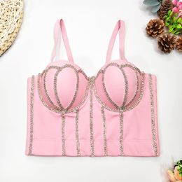 T-Shirt Sexy Shiny Rhinestone Crop Top Women Cropped Top Nightclub Party Corset Female Push Up Bustier Off Shoulder Camis Built in Bra