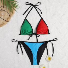 Patchwork Bikini Set Tasarımcı Beachwear 2023 - Seksi XL - Kırmızı Yeşil Mavi - Kadın Mayo217J