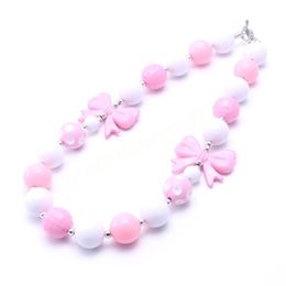 Fashion Kids White + Pink Bowknot Chunky Bubblegum Beaded Necklace For Girls Choker Necklace Child Party Gift