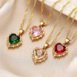 Pendant Necklaces New Fashion Heart Shaped Zirconia Necklace for Women High Quality Red Love Mother Day Valentine Gift Jewelry 230613