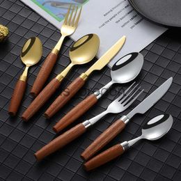 Dinnerware Sets Spoon Fork Vintage Wood Handle Stainless Steel Dessert Snack Spoons Fork Steak Western Knife Lunch Tableware Kitchen Accessories x0703