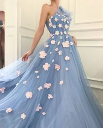 Light Blue Prom Dresses sheer One Shoulder evening gowns 3D Flowers Tulle Fairy Prom Gown Long A-Line Evening Party Dress Robe De Soiree