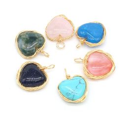 Charms Fashion Natural Stone Wrap Heart Rose Quartz Lapis Lazi Turquoise Opal Pendant Diy For Bracelet Necklace Earrings Jewellery Mak Dhzbw