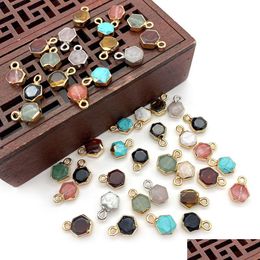 Charms 8X12Mm Gold Edge Natural Crystal Hexagon Stone Rose Quartz Turquoise Pendants Trendy For Jewellery Making Wholesale Drop Delive Dh6Sj