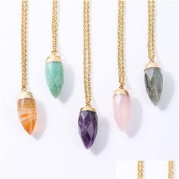 Pendant Necklaces Circar Cone Stone Crystal Charms Gold Chain Amethyst Rose Quartz Wholesale Jewellery For Women Drop Delivery Pendants Dhtjx