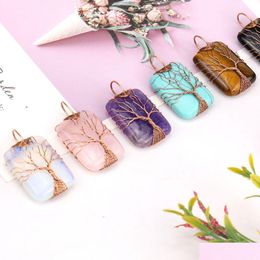 Pendant Necklaces Healing Crystal Natural Stone Rec Charms Twine Tree Of Life Wire Wrap Turquoise Tiger Eye Rose Quartz Wholesale Je Dhp4V
