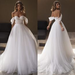 Boho A Line Dresses for bride Off Shoulder Wedding Dress Pearls Sweetheart Tulle designer bridal gowns