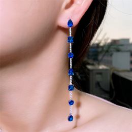 Luxurious Long Dangle Designer Earring for Woman Square Round Blue Red AAA Cubic Zirconia Copper Diamond Earrings Wedding Womens Jewellery S925 Sterling Silver Post