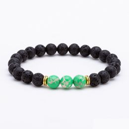 Beaded Black Lava Stone Strand Green Beads Chakra Bracelets Essential Oil Diffuser Bracelet Volcanic Rock Drop Delivery Jewelry Dhqon