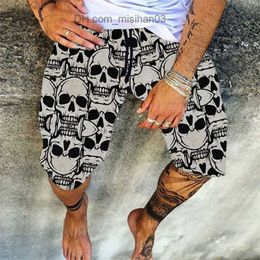 Men's Shorts Streetwear Vintage Skull Print Shorts Men Cotton Linen Shorts Casual Loose Drawstring Beach Short Pant For Male Summer Z230703