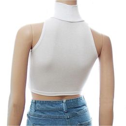 Tops Hoher Kragen Rollkragen Lycra Baumwolle Crop Top Frauen Weißes Hemd Ärmellose Sexy Tops Tank Bustier Top Leibchen Weste Streetwear